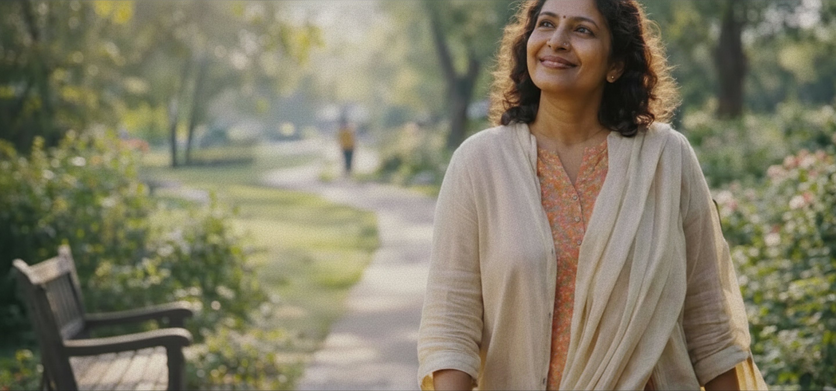 Transplant patient walking in a park