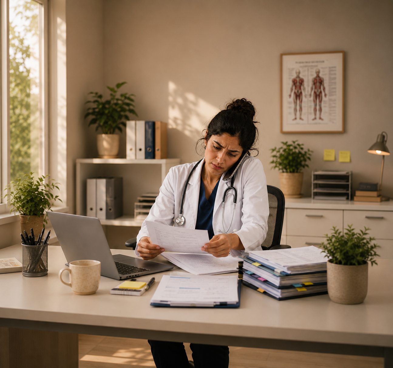 Transplant doctor working late with paper records