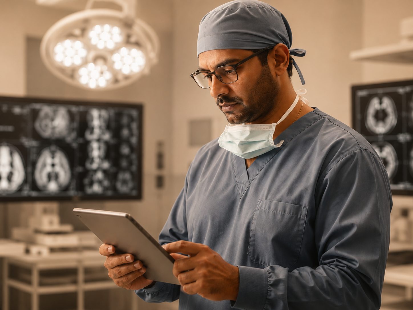 Surgeon reviewing scans on a tablet