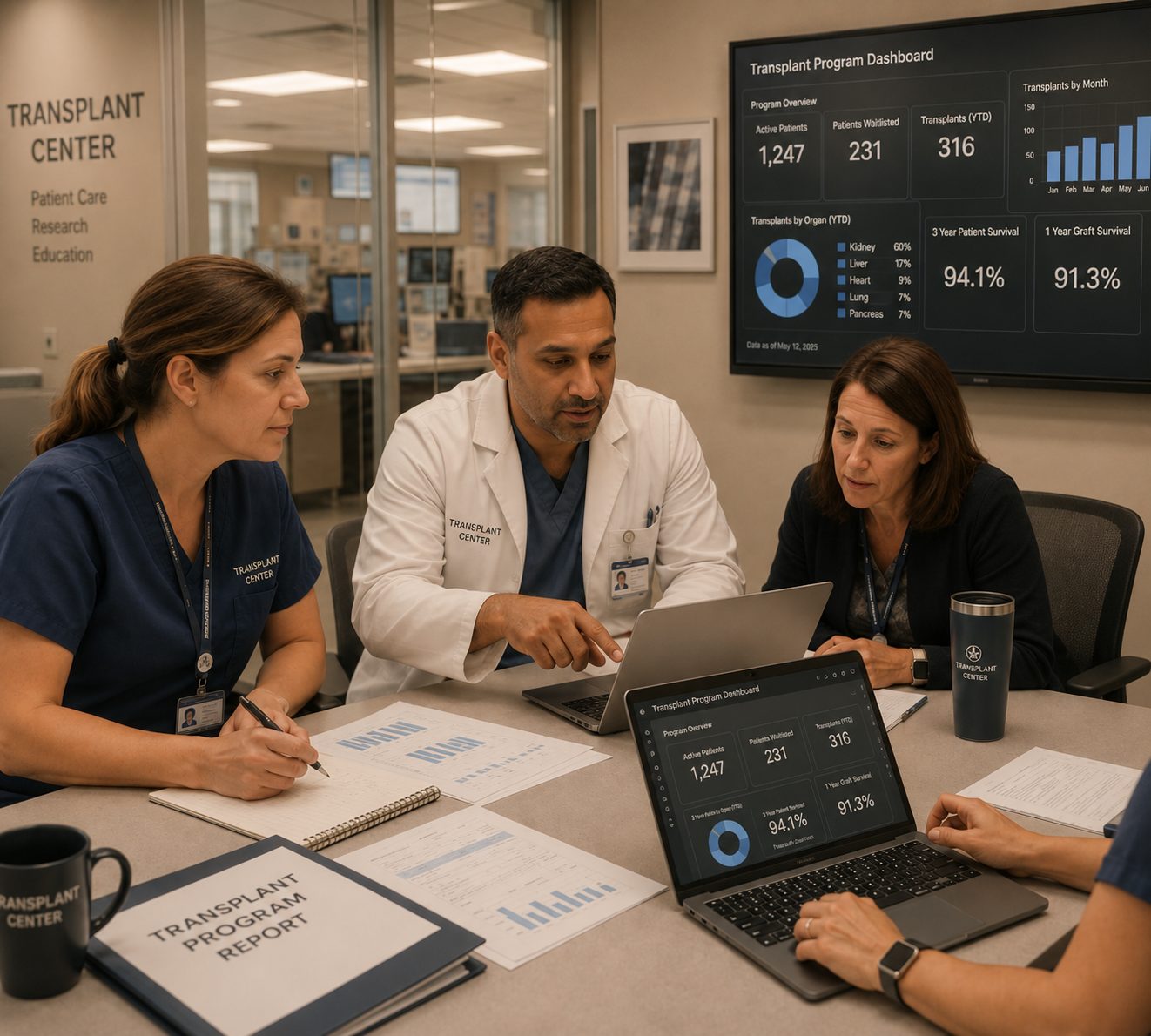 Hospital team reviewing a transplant dashboard
